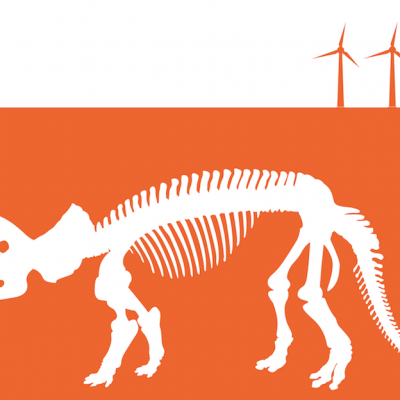 Trillion Fund graphic - dinosaur fossil buried beneath wind turbines