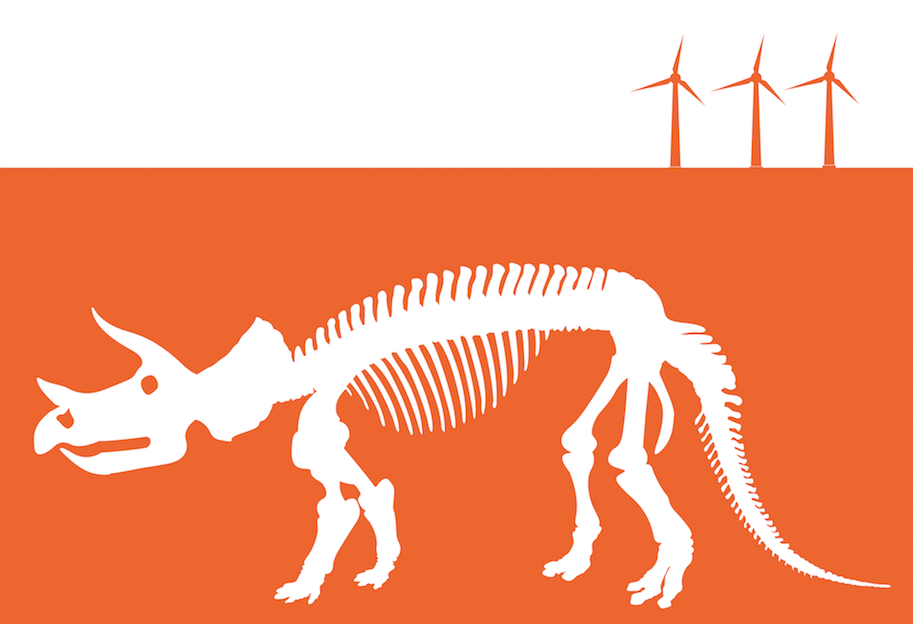 Trillion Fund graphic - dinosaur fossil buried beneath wind turbines