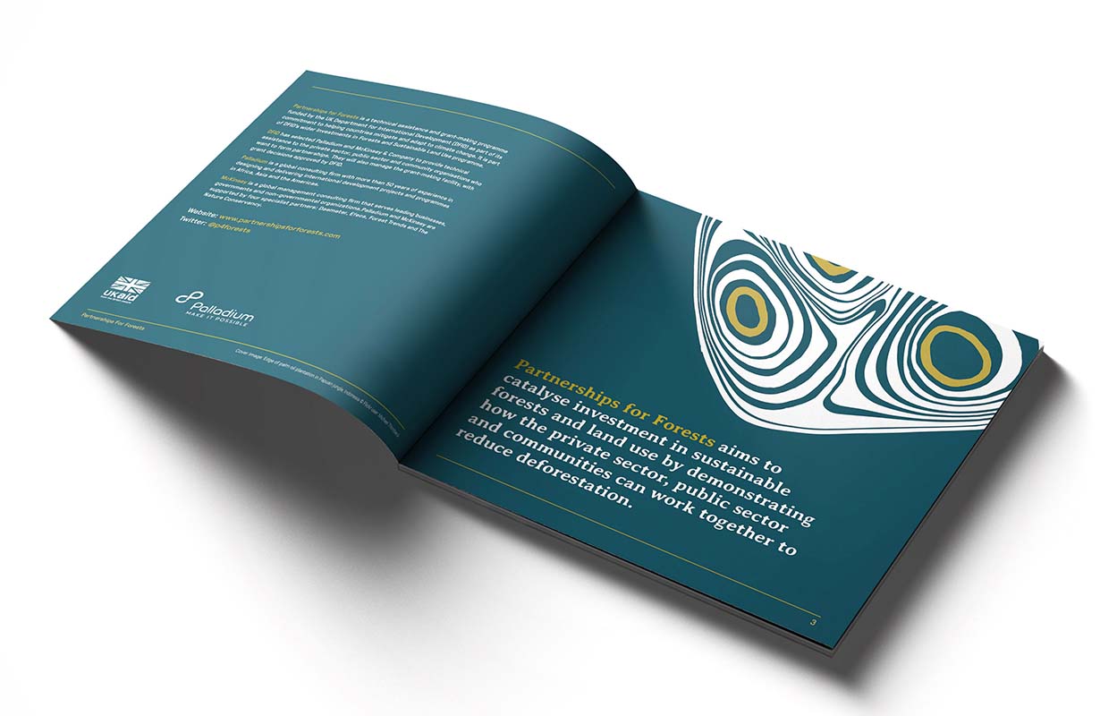 Example spread of a brochure design for Partnership for forests