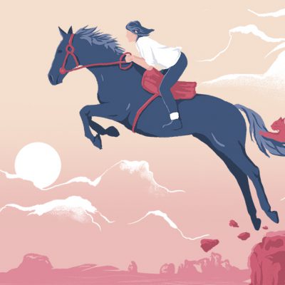 Cartoon illustration of a horseriding hero leaps from a cliff