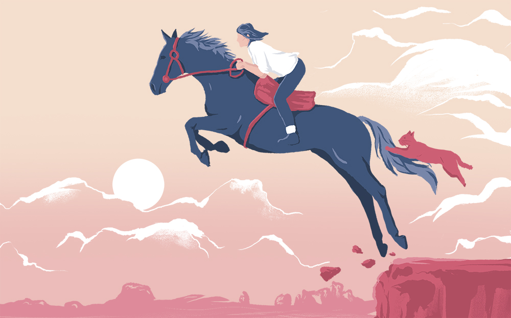 Cartoon illustration of a horseriding hero leaps from a cliff