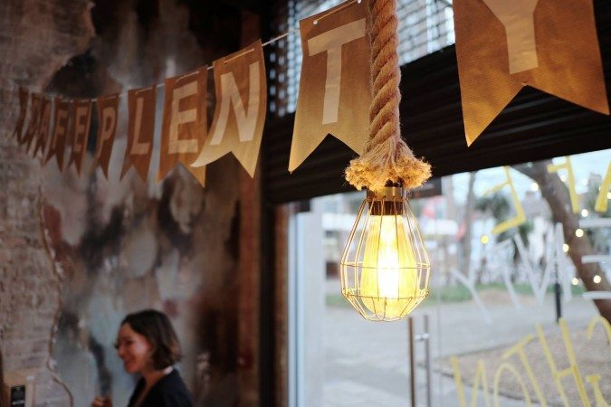 Lightbulbs hanging at Plenty Cafe Brighton