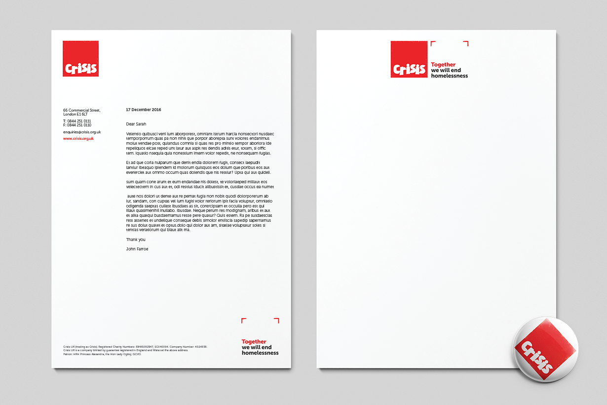 Crisis letterhead examples and a mock up of a pin badge