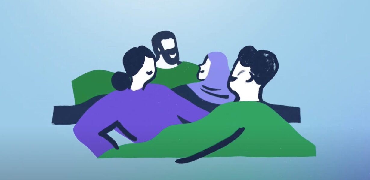 Neo original illustration for Gendered Health Pathways — a diverse group of people are shown in a vibrant montage